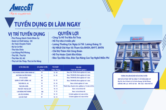  TUYỂN DỤNG NHIỀU VỊ TRÍ – LÀM VIỆC TẠI HẢI PHÒNG | AMECC GT JOINT STOCK COMPANY
